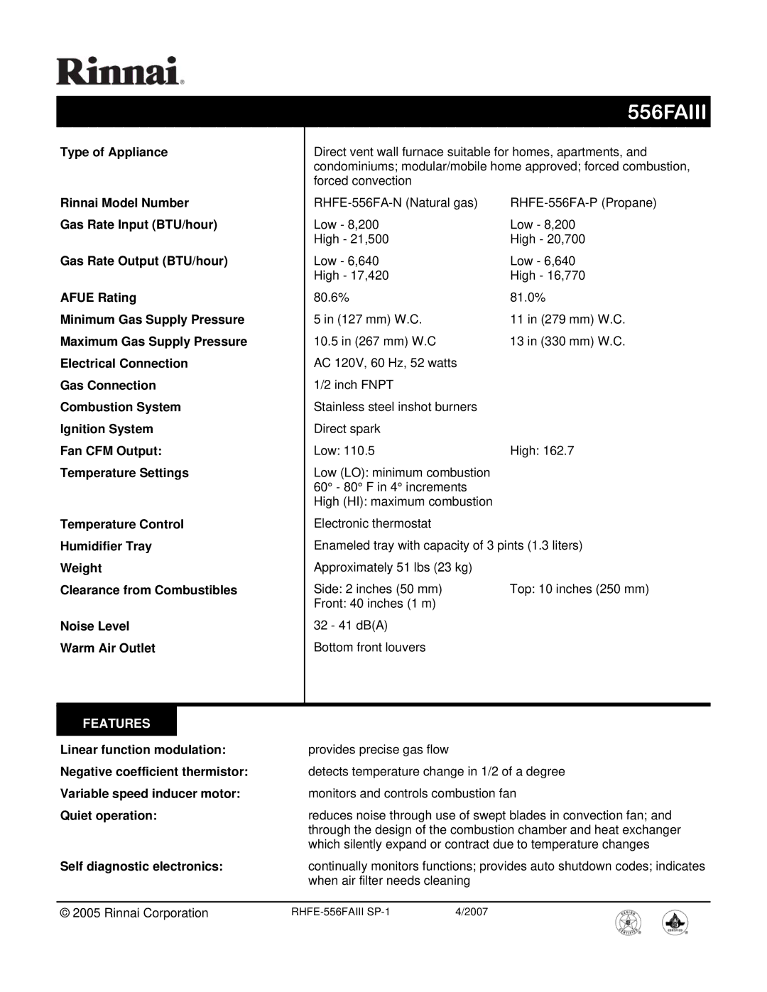 Rinnai 556FAIII manual Features 