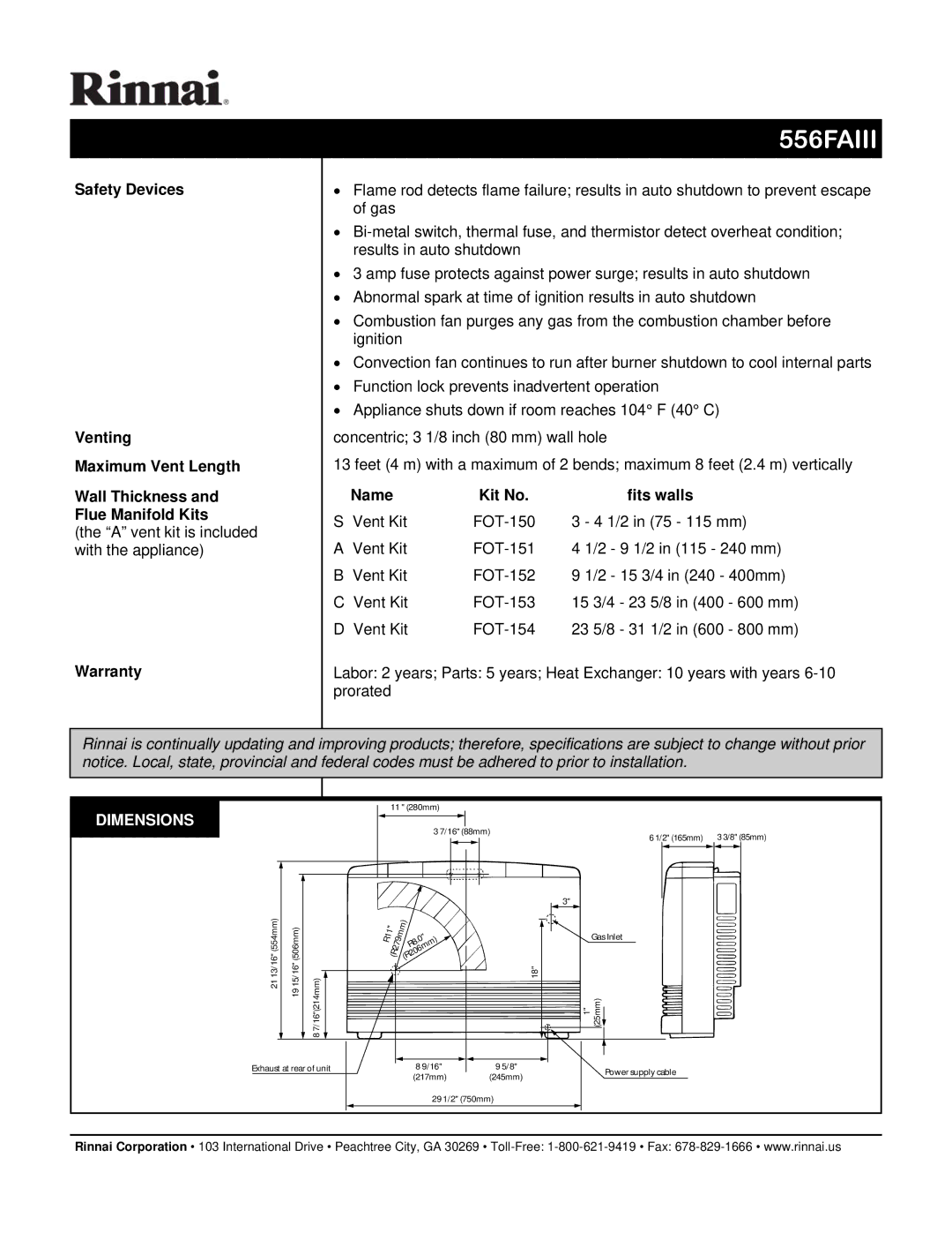 Rinnai 556FAIII manual Warranty, Kit No Fits walls, Dimensions 