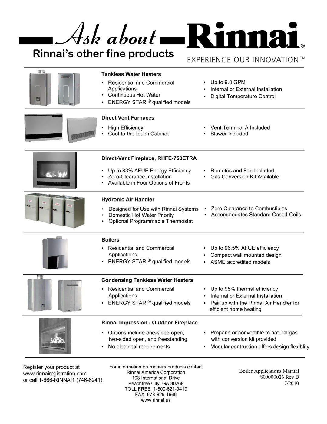 Rinnai 800000026 manual Boiler Applications Manual Rev B 2010 