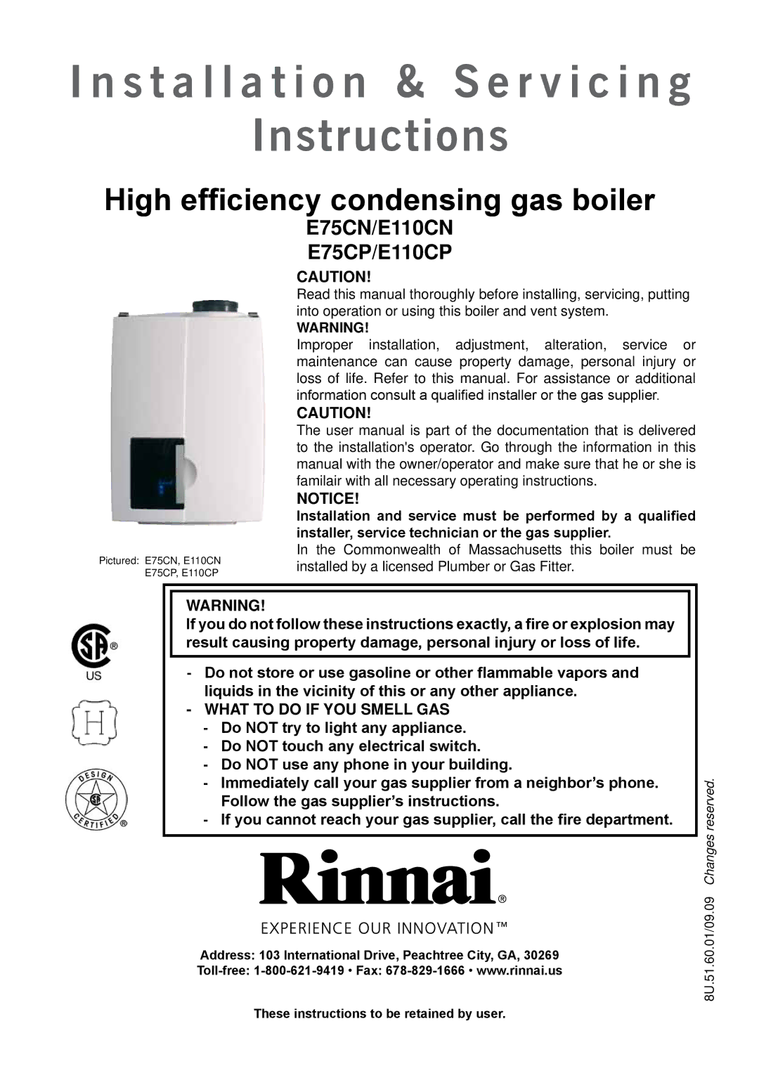 Rinnai E75CN, E110CP, E110CN, E75CP user manual Instructions 