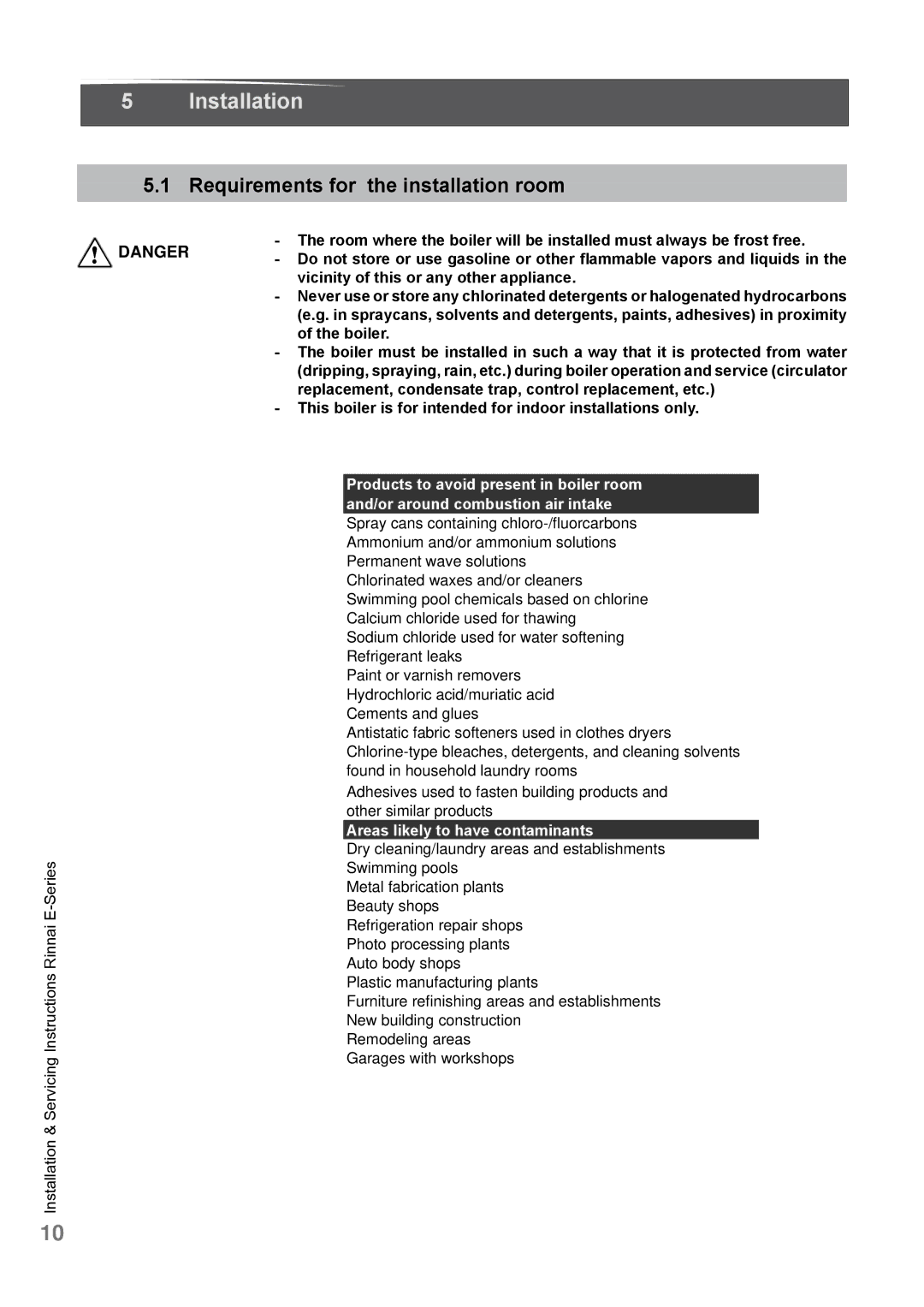 Rinnai E110CN, E110CP, E75CN, E75CP user manual Installation, Requirements for the installation room 