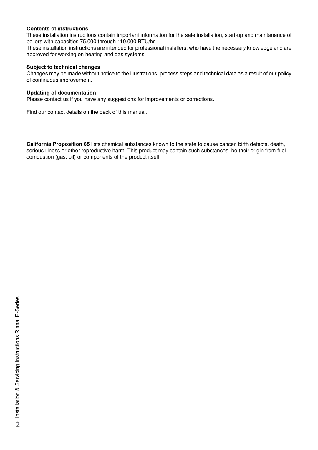 Rinnai E110CN, E110CP, E75CN, E75CP Contents of instructions, Subject to technical changes, Updating of documentation 