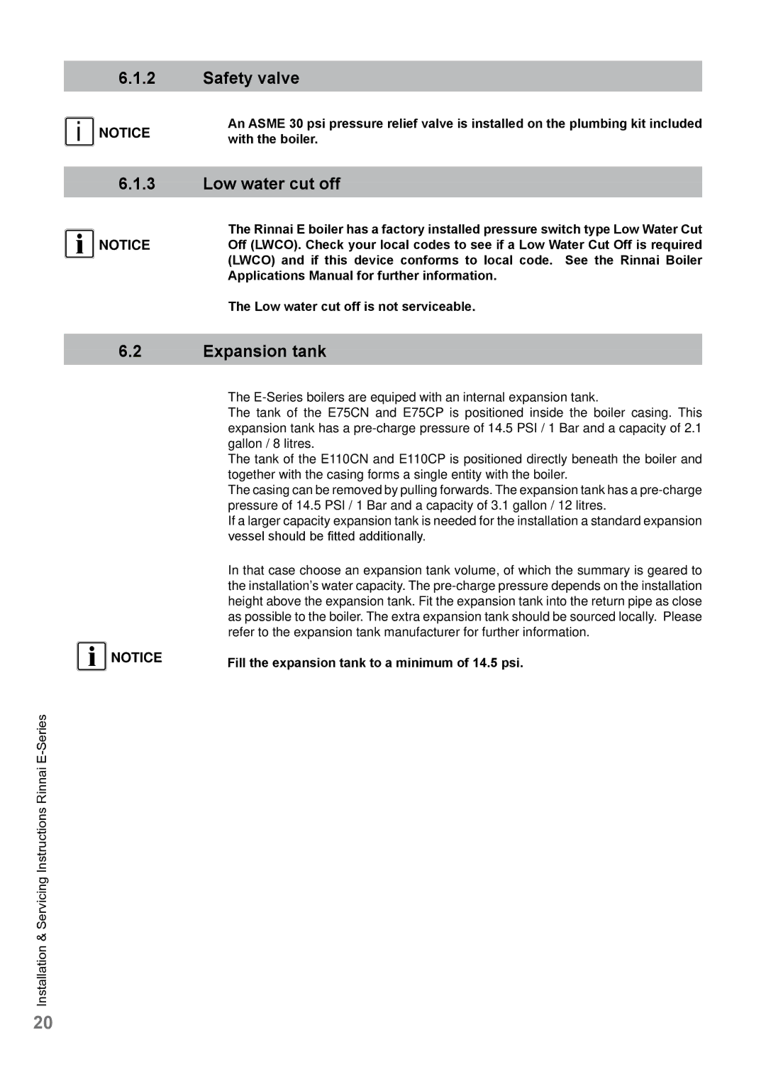 Rinnai E110CP, E75CN, E110CN, E75CP user manual Safety valve, Low water cut off, Expansion tank, With the boiler 