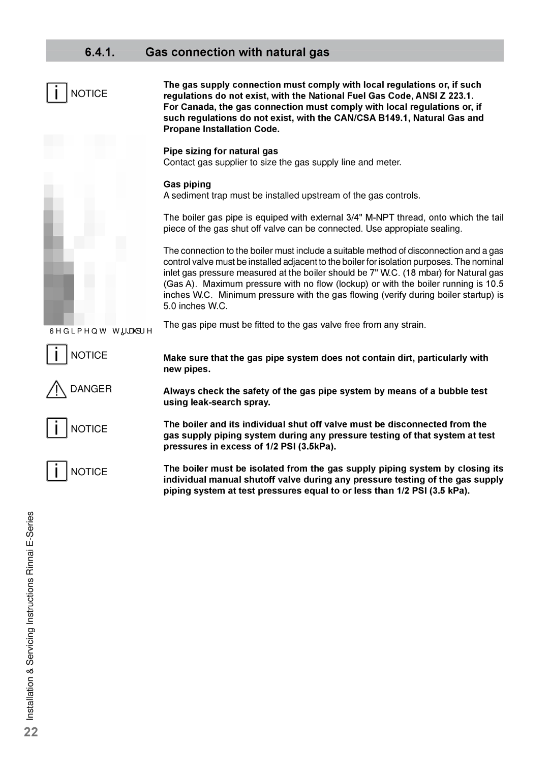 Rinnai E110CN, E110CP, E75CN, E75CP user manual Gas connection with natural gas, Gas piping 