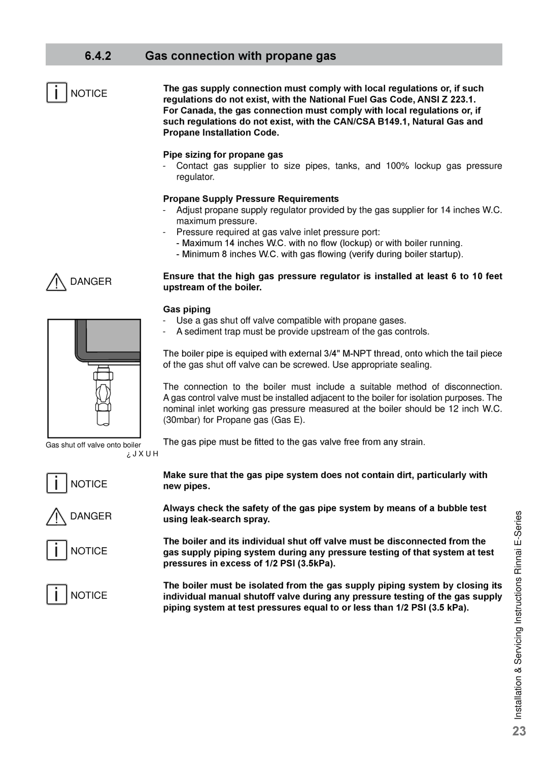 Rinnai E75CP, E110CP, E75CN, E110CN user manual Gas connection with propane gas, Propane Supply Pressure Requirements 