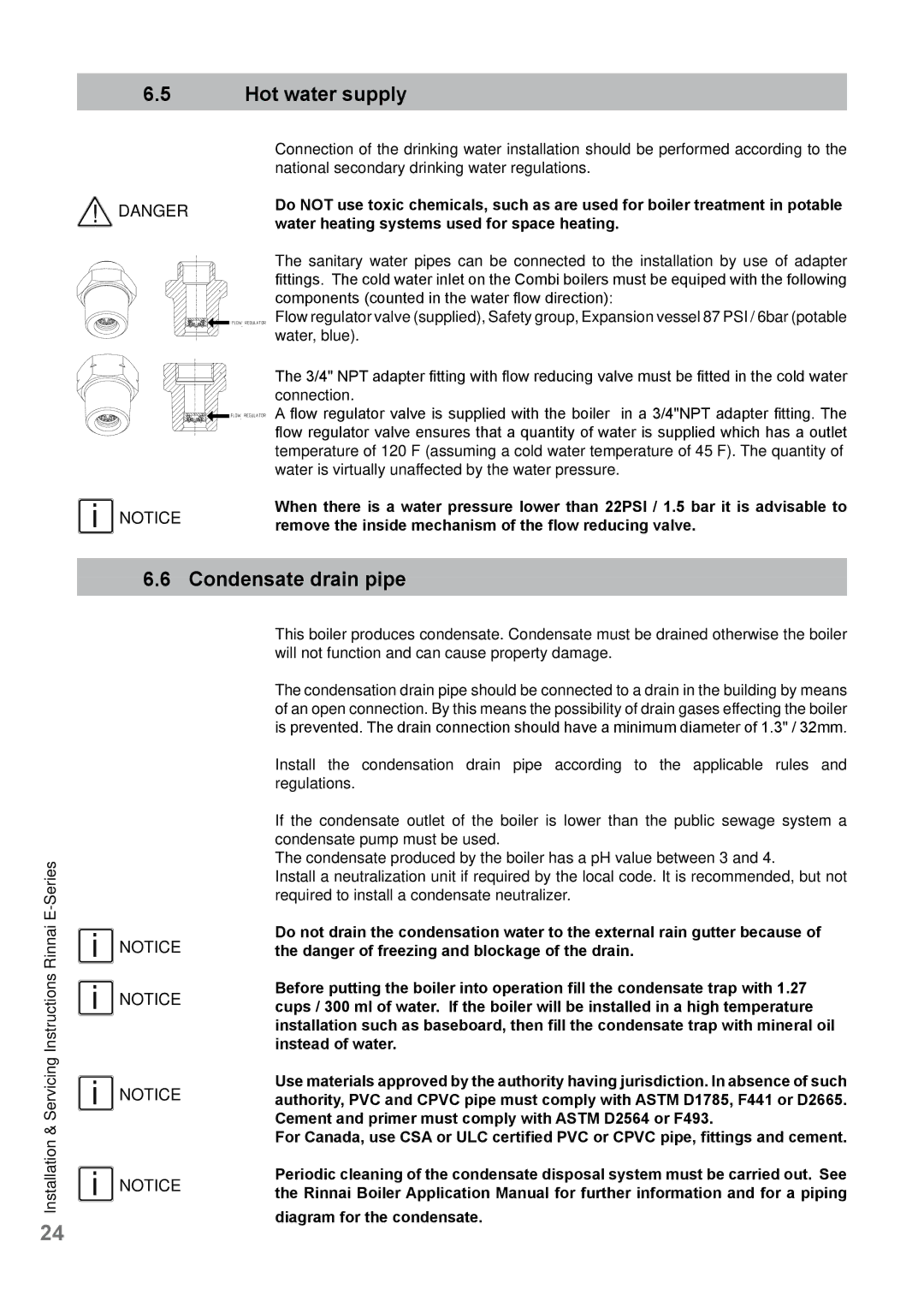 Rinnai E110CP, E75CN, E110CN, E75CP user manual Hot water supply, Condensate drain pipe 