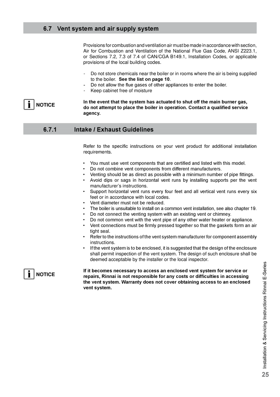 Rinnai E75CN, E75CP Vent system and air supply system, Intake / Exhaust Guidelines, To the boiler. See the list on, Agency 