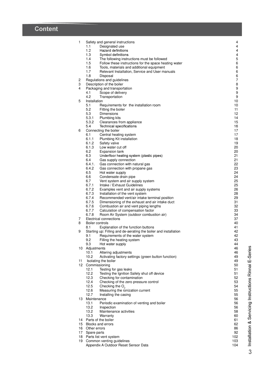 Rinnai E75CP, E110CP, E75CN, E110CN user manual Content 