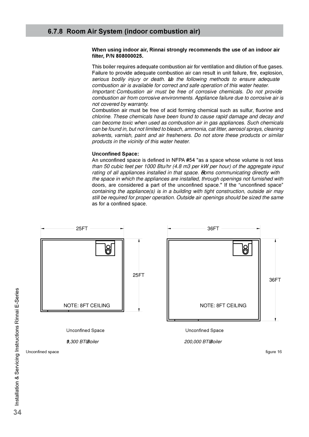 Rinnai E110CN, E110CP, E75CN, E75CP user manual Room Air System indoor combustion air, Unconfined Space 