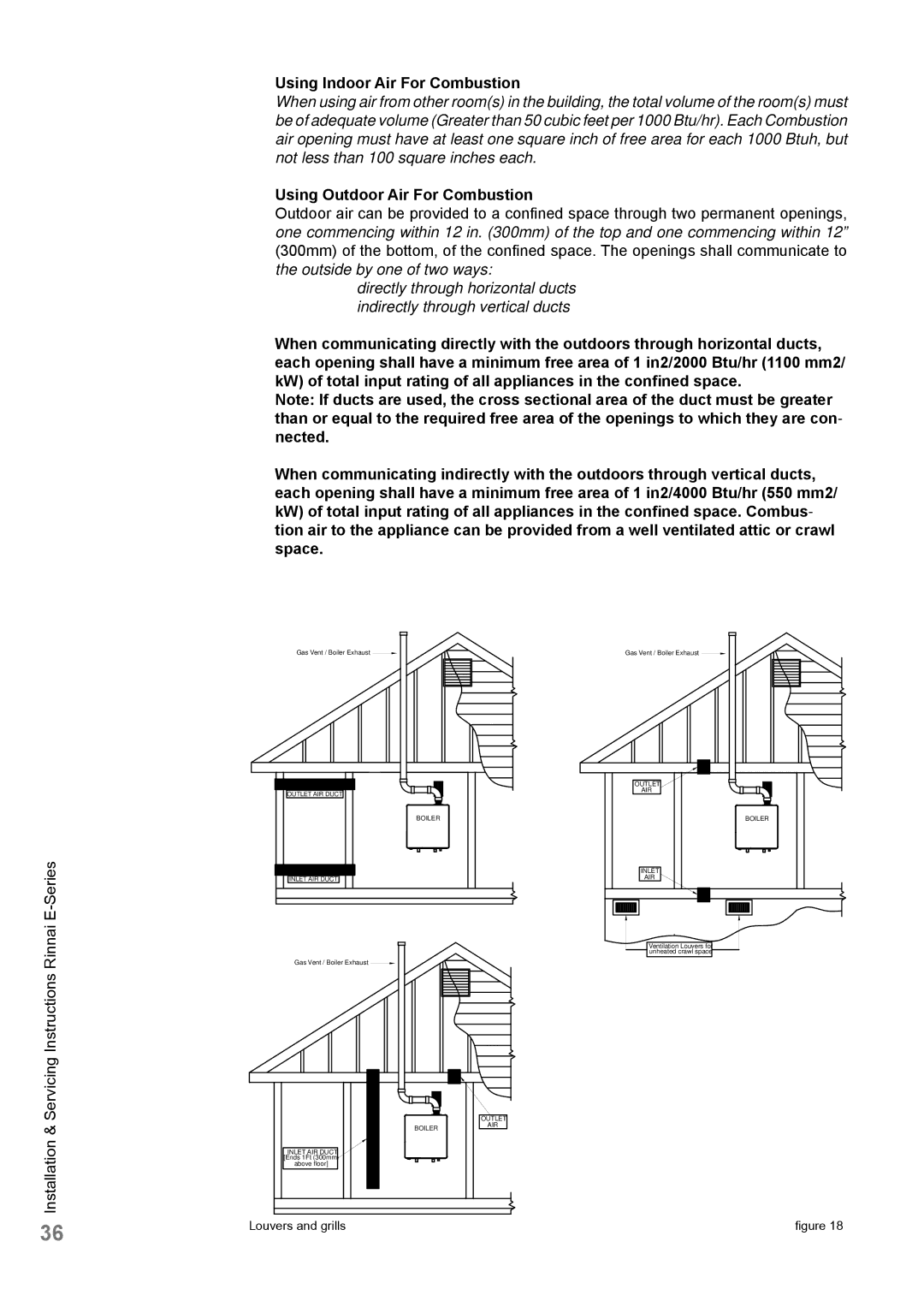 Rinnai E110CP, E75CN, E110CN, E75CP user manual Using Indoor Air For Combustion, Using Outdoor Air For Combustion 