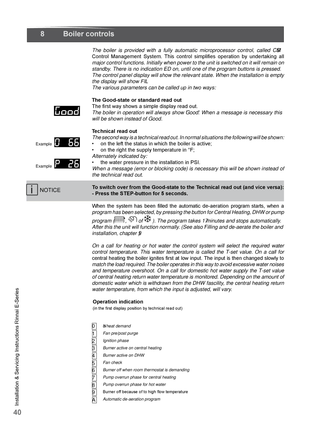 Rinnai E110CP, E75CN, E110CN Boiler controls, Good-state or standard read out, Technical read out, Operation indication 