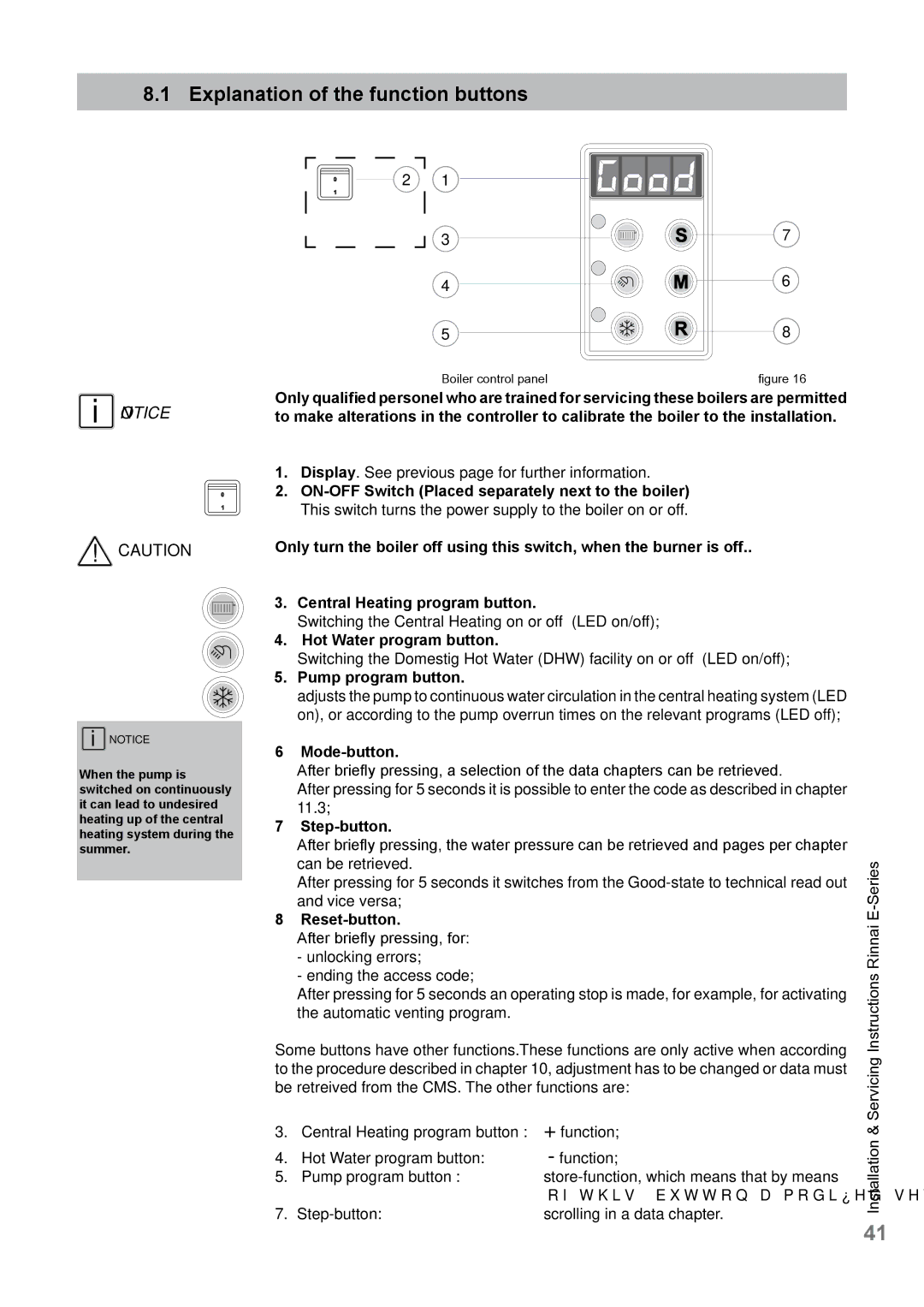 Rinnai E75CN, E110CP, E110CN, E75CP user manual Explanation of the function buttons 