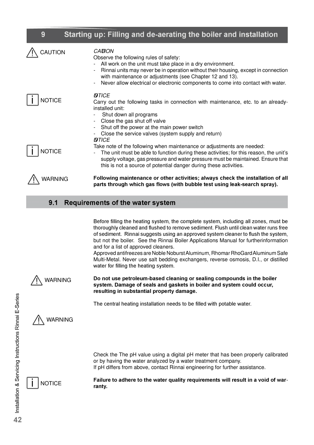 Rinnai E110CN, E110CP, E75CN, E75CP user manual Requirements of the water system 