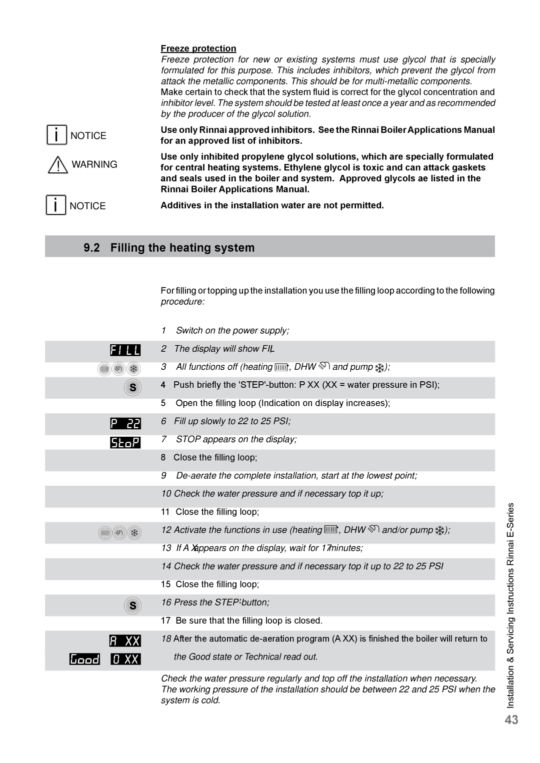 Rinnai E75CP, E110CP, E75CN, E110CN user manual Filling the heating system, Freeze protection 