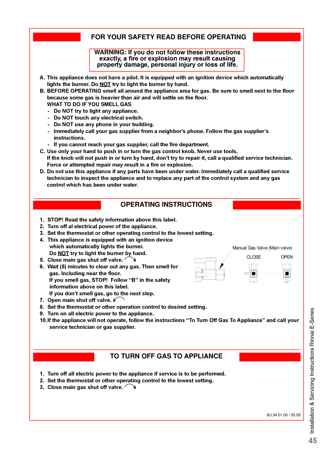 Rinnai E75CN, E110CP, E110CN, E75CP user manual Do not try to light the burner by hand, Close main gas shut off valve 