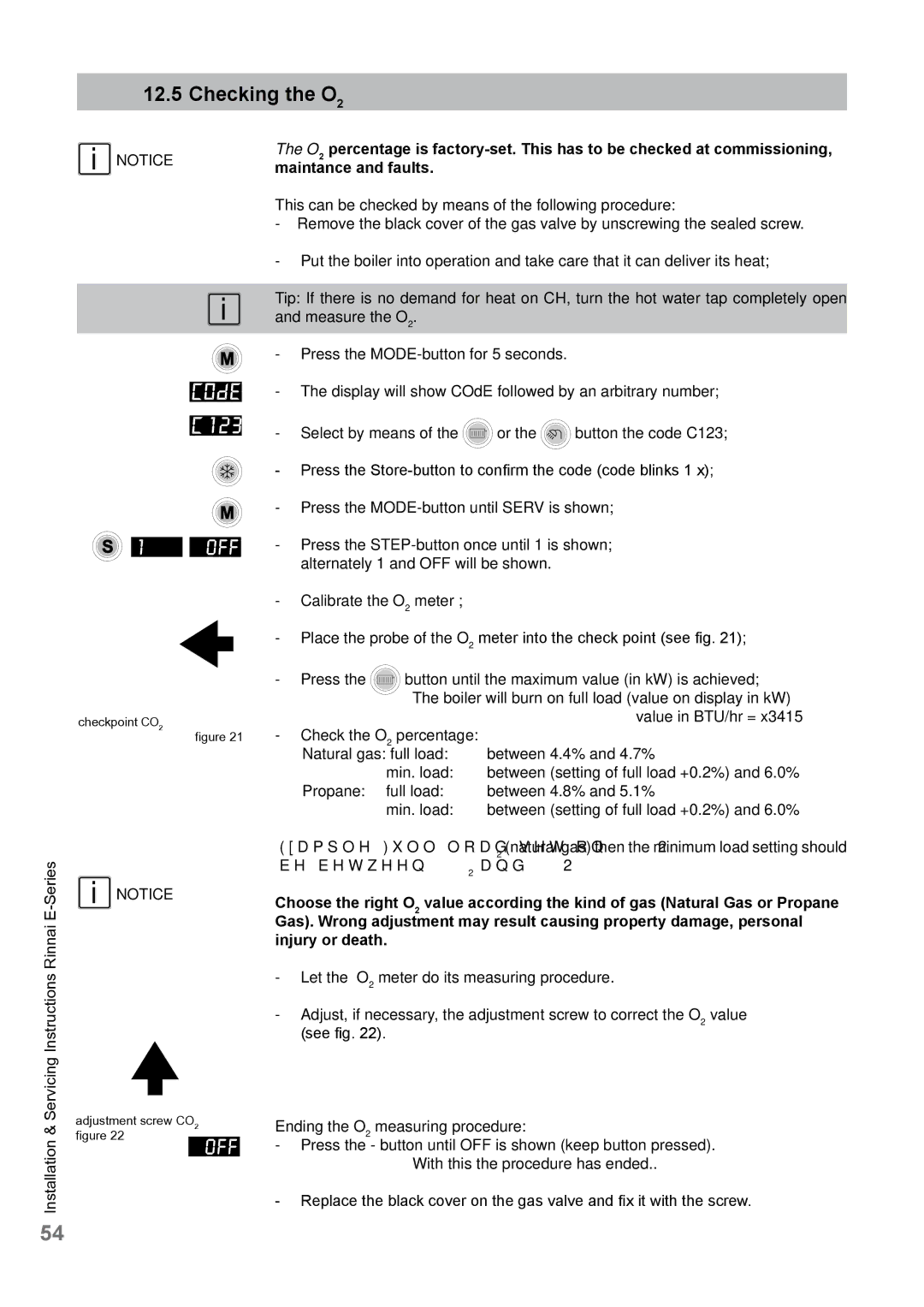 Rinnai E110CN, E110CP, E75CN, E75CP user manual Checking the O2 