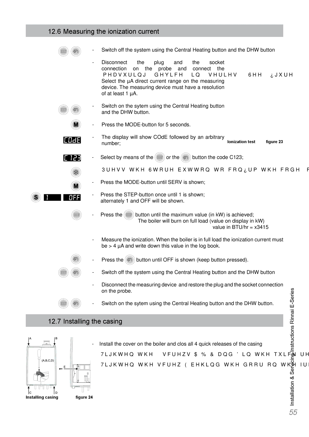 Rinnai E75CP, E110CP, E75CN, E110CN user manual Measuring the ionization current, Installing the casing 