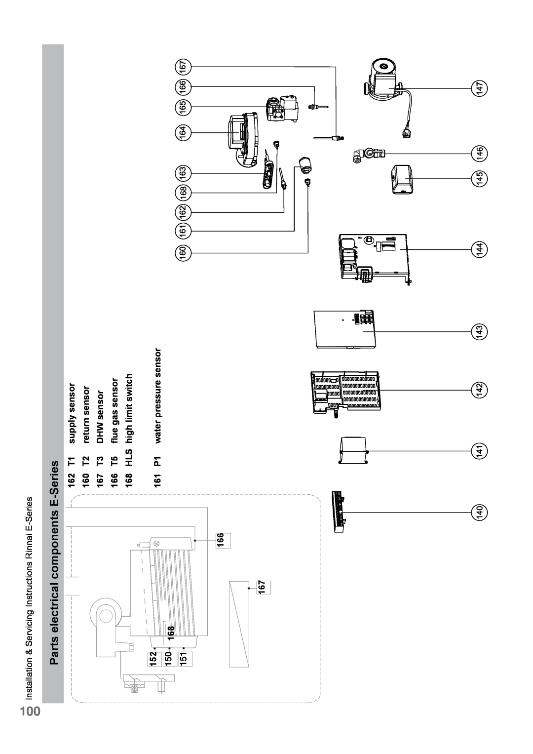 Rinnai E110CP Parts electrical components E-Series, 162 T1 supply sensor 160 T2 return sensor, HLS high limit switch 