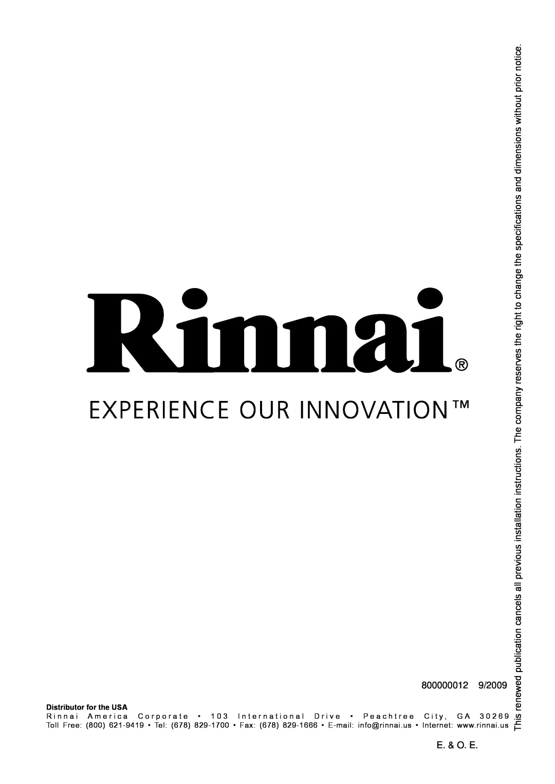Rinnai E110CP, E75CN, E110CN, E75CP user manual 800000012 9/2009, E. & O. E, Distributor for the USA 
