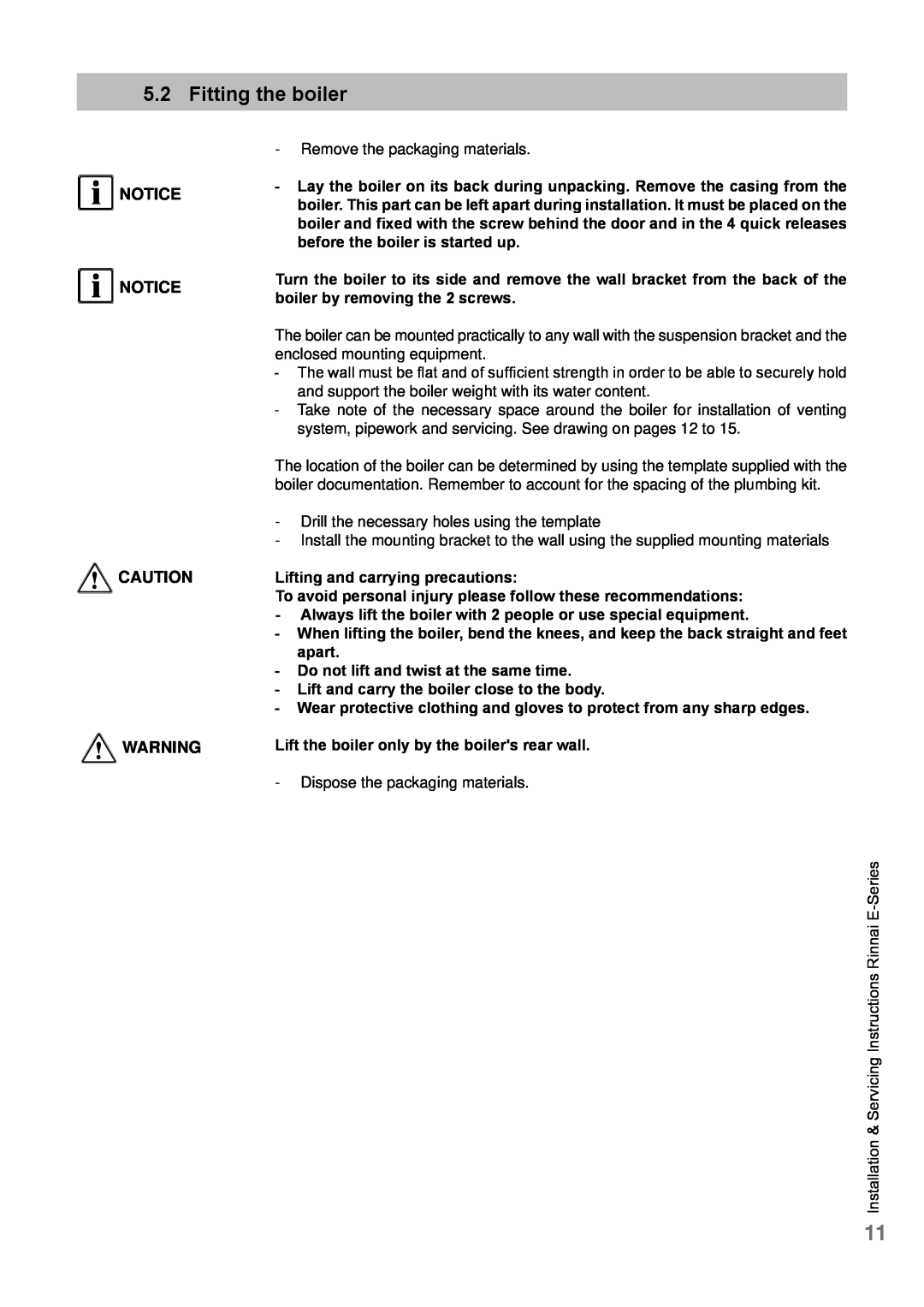 Rinnai E75CP, E110CP, E75CN, E110CN user manual Fitting the boiler, Notice Notice 