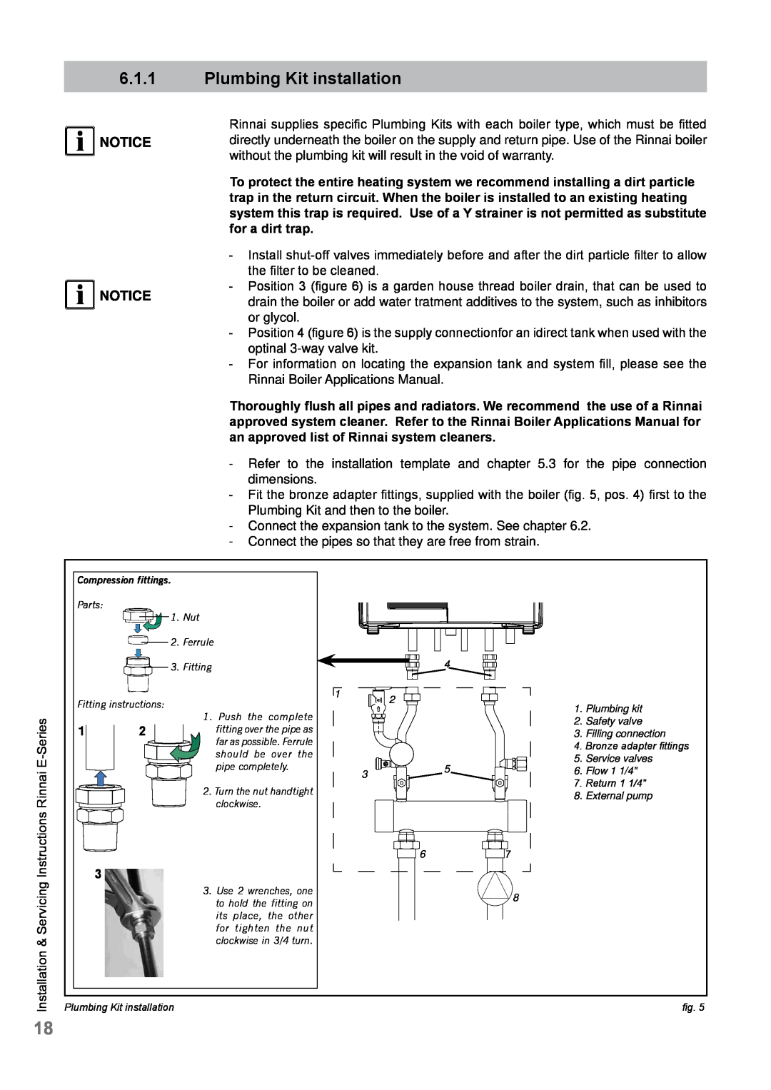 Rinnai E110CN, E110CP, E75CN, E75CP user manual 6.1.1Plumbing Kit installation, Notice Notice 