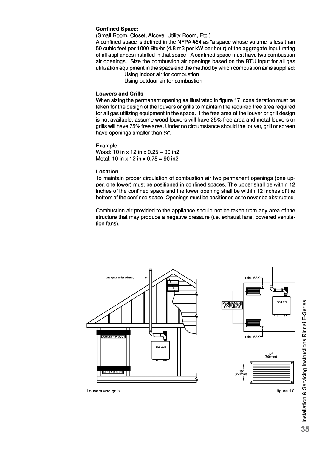 Rinnai E75CP, E110CP, E75CN, E110CN user manual Confined Space, Louvers and Grills, Location 