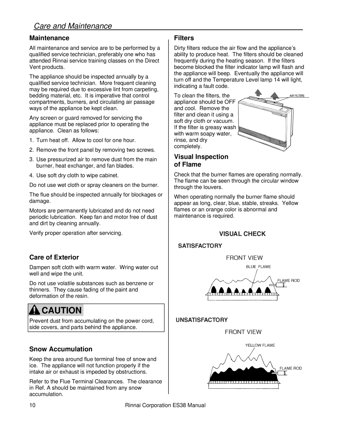 Rinnai ES38 installation manual Care and Maintenance 