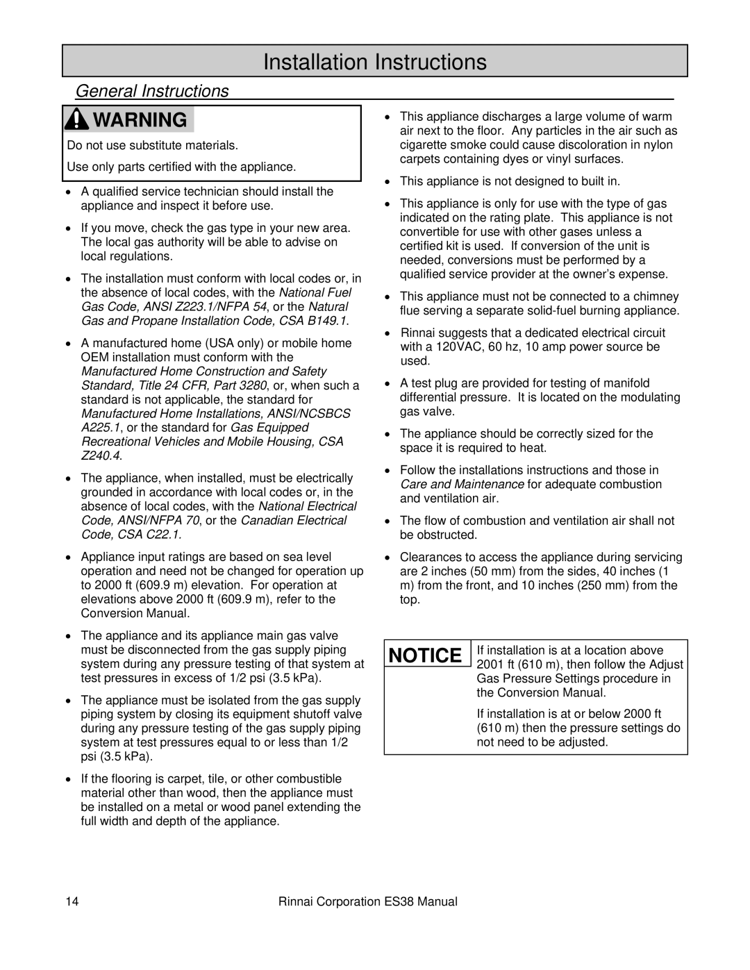 Rinnai ES38 installation manual Installation Instructions, General Instructions 