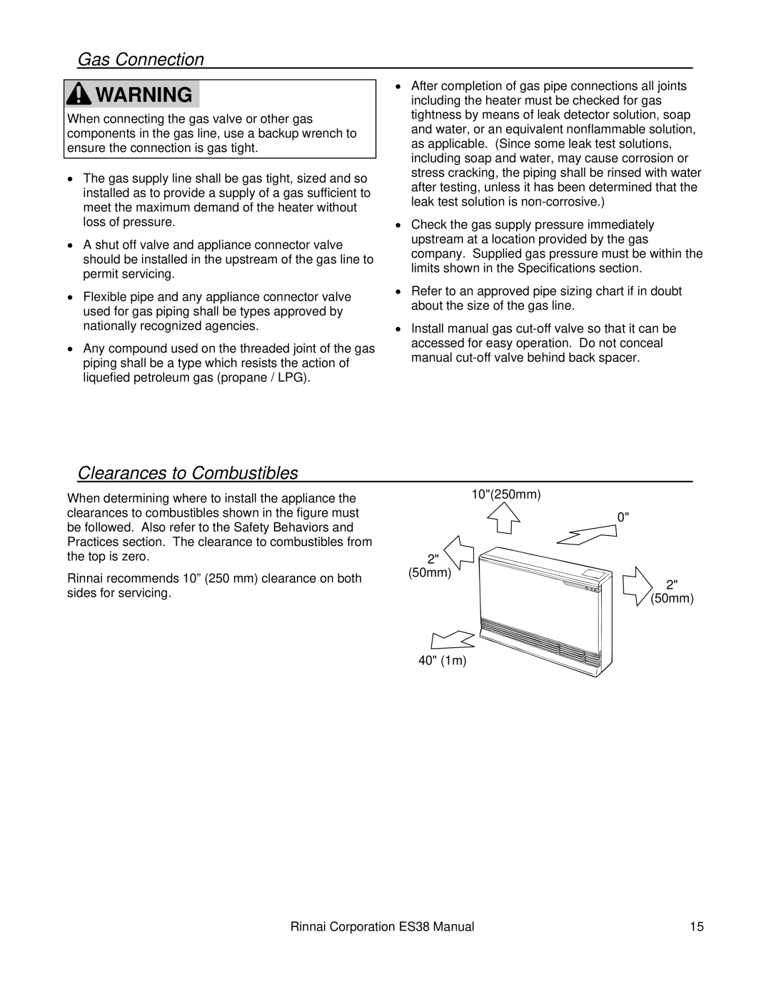 Rinnai ES38 installation manual Gas Connection, Clearances to Combustibles 