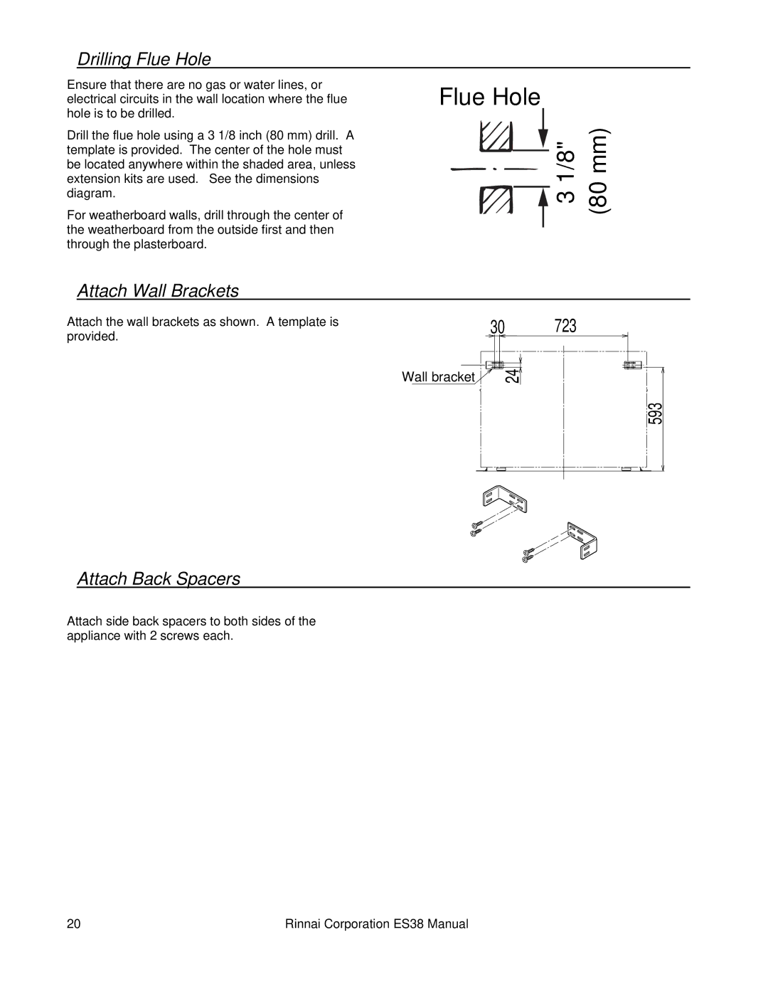 Rinnai ES38 installation manual Drilling Flue Hole, Attach Wall Brackets, Attach Back Spacers 