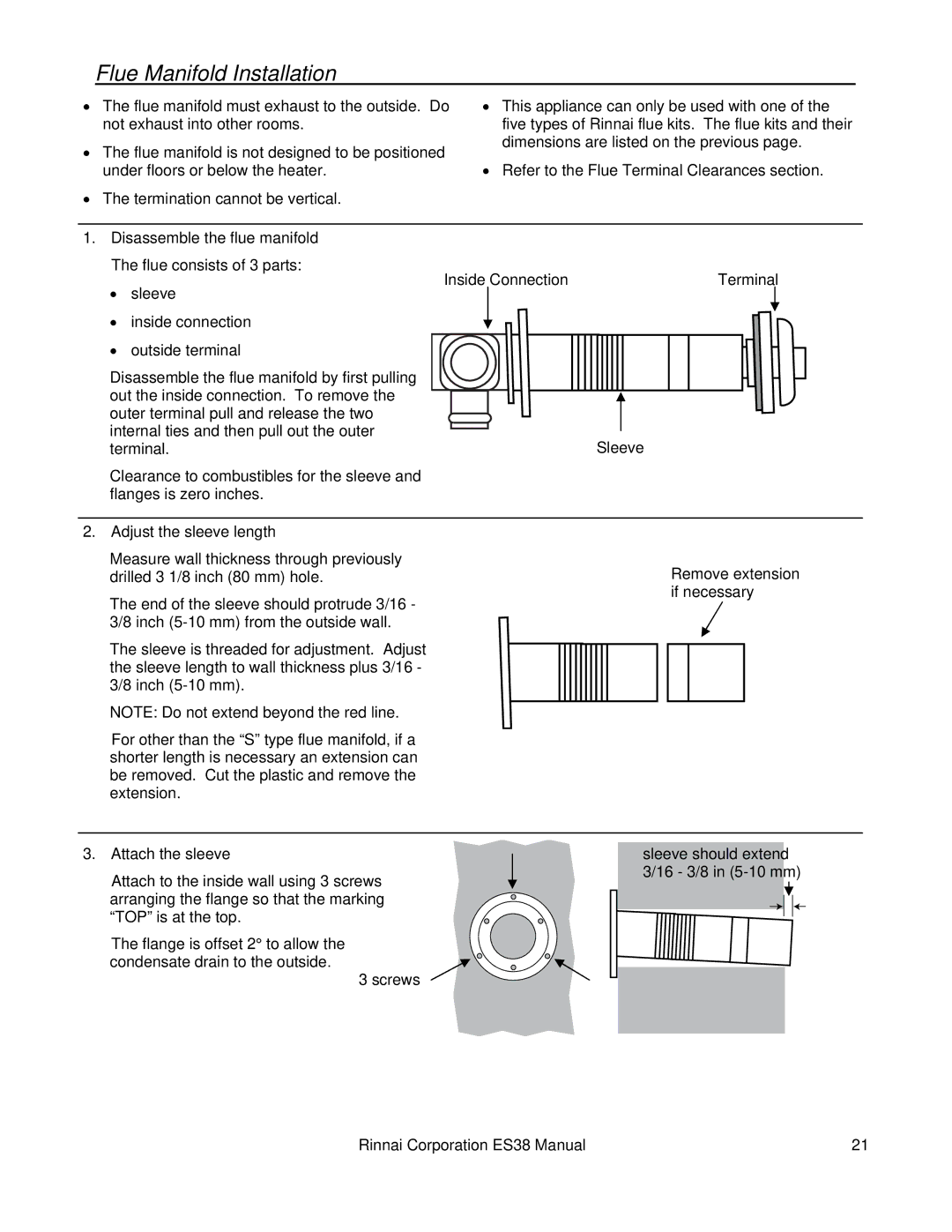 Rinnai ES38 installation manual Flue Manifold Installation 