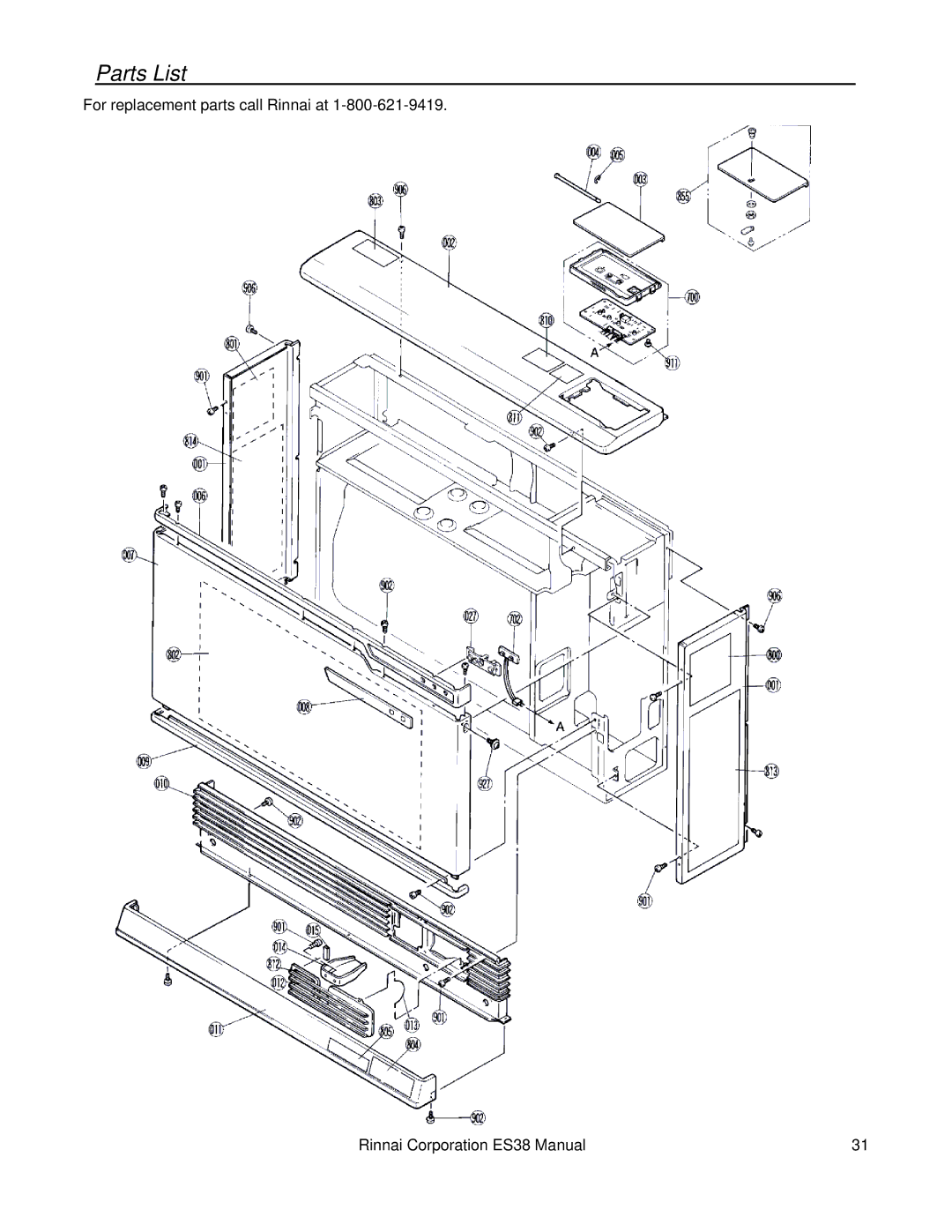 Rinnai ES38 installation manual Parts List 