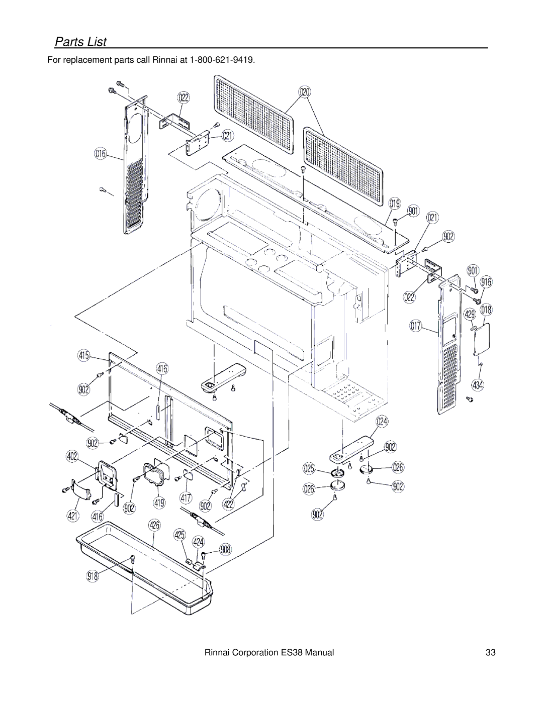 Rinnai ES38 installation manual Parts List 