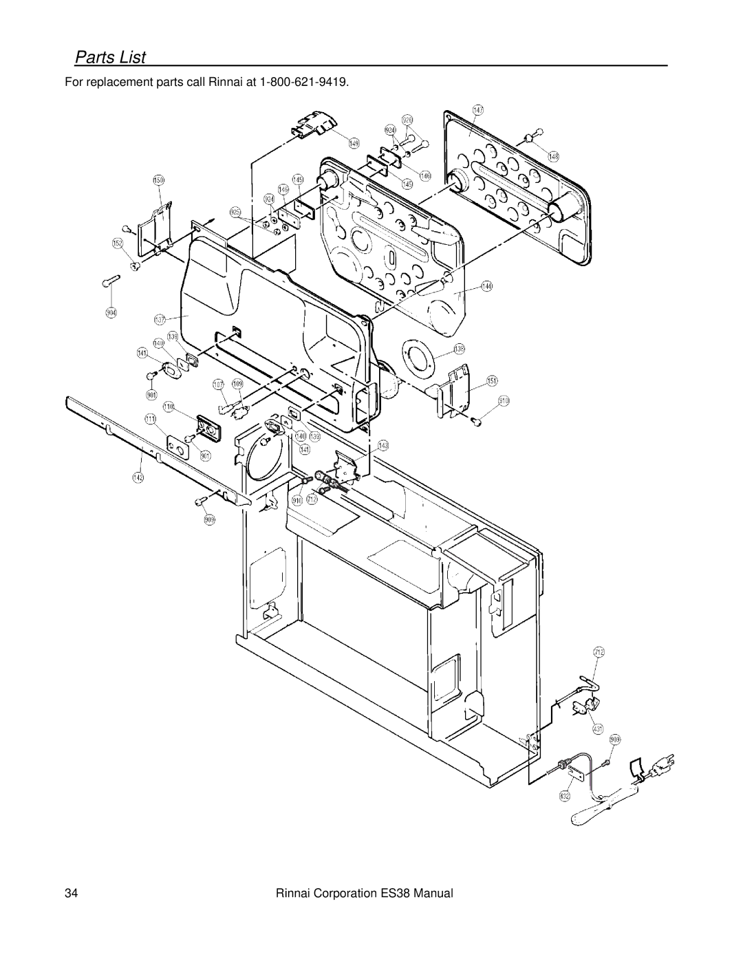 Rinnai ES38 installation manual Parts List 