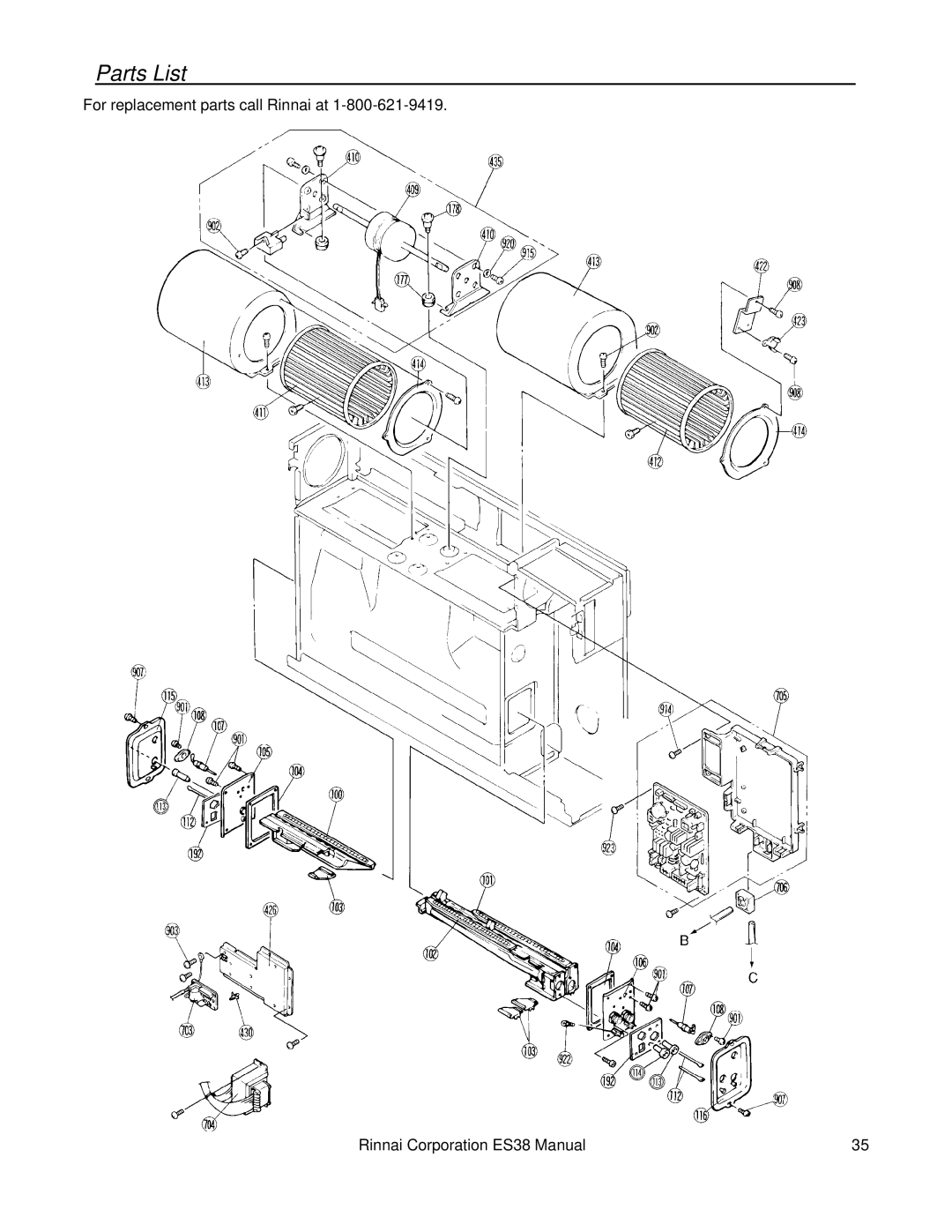 Rinnai ES38 installation manual Parts List 