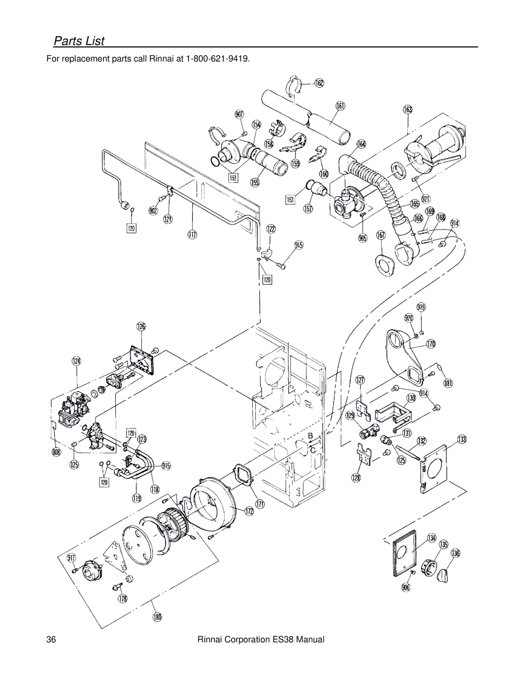 Rinnai ES38 installation manual Parts List 