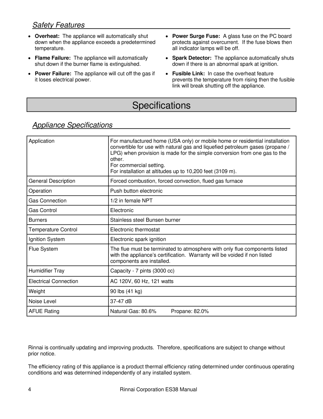 Rinnai ES38 installation manual Safety Features, Appliance Specifications 