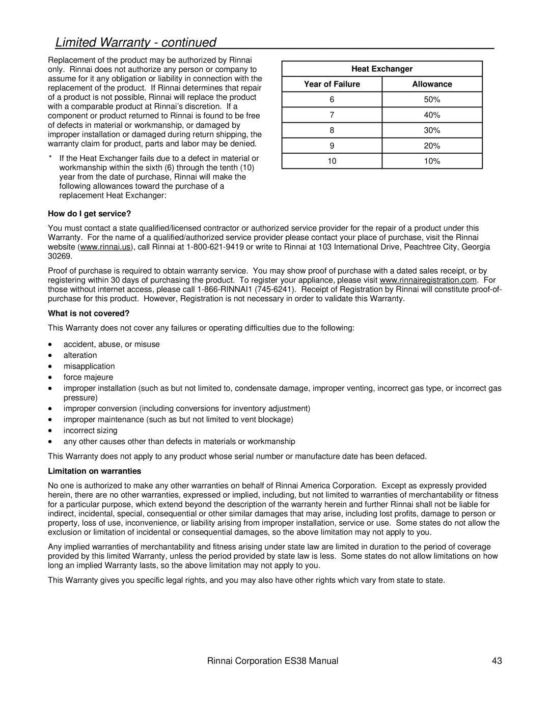 Rinnai ES38 installation manual What is not covered? 