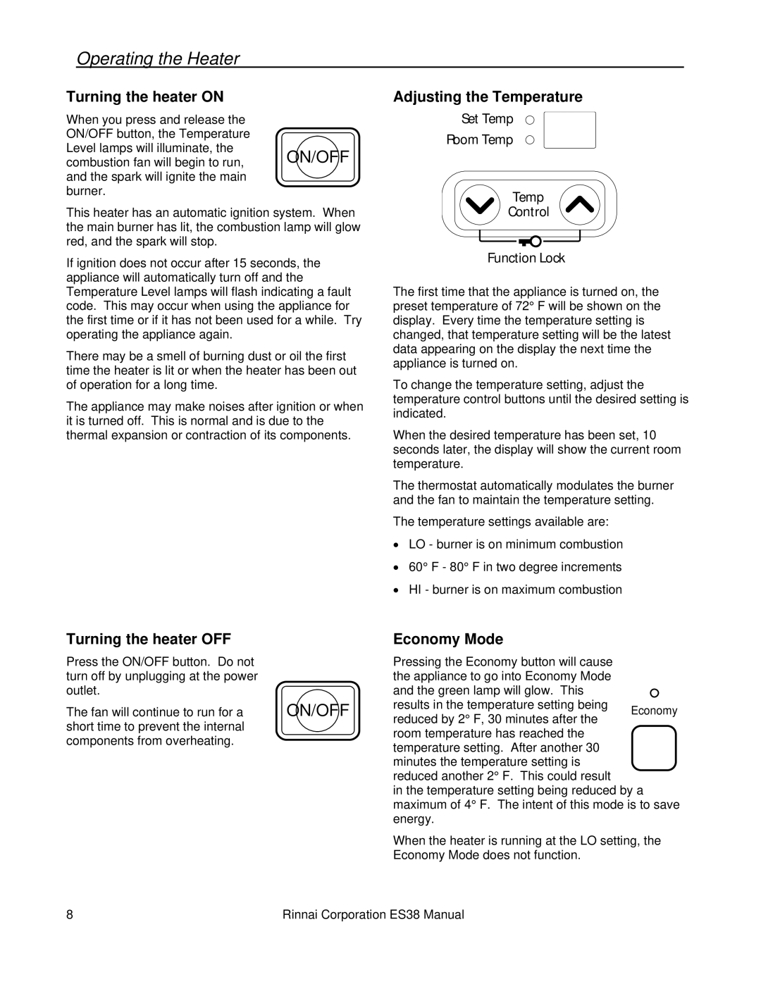 Rinnai ES38 Operating the Heater, Turning the heater on, Turning the heater OFF, Adjusting the Temperature, Economy Mode 