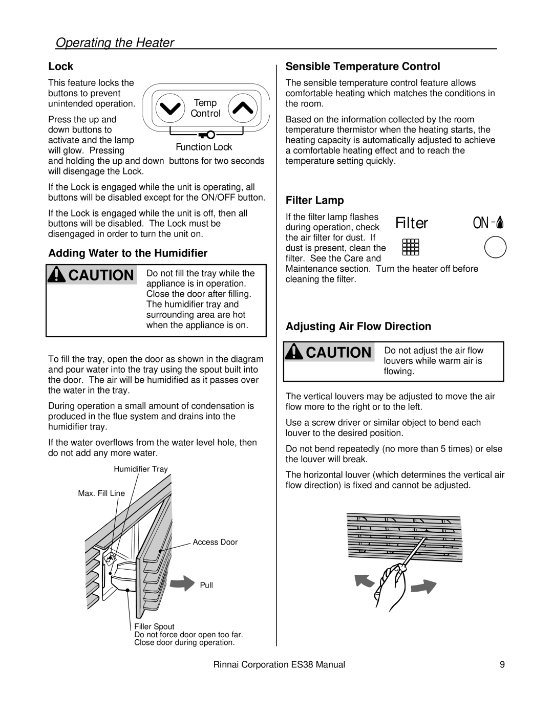 Rinnai ES38 Lock, Sensible Temperature Control, Adding Water to the Humidifier, Filter Lamp, Adjusting Air Flow Direction 