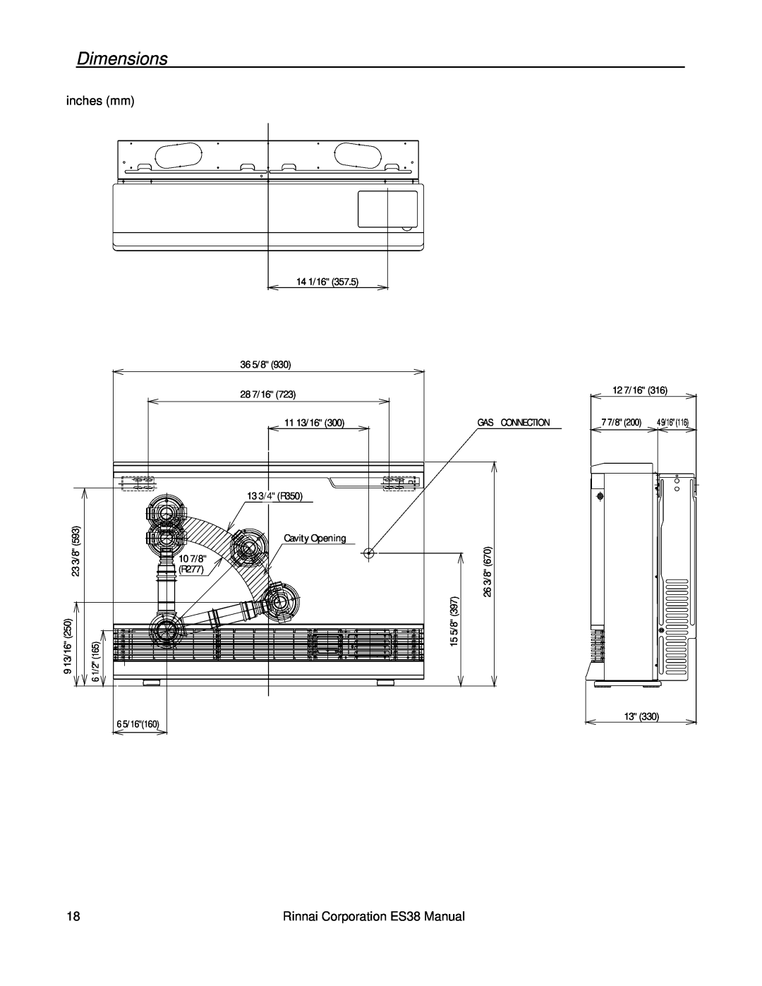 Rinnai installation manual Dimensions, inches mm, Rinnai Corporation ES38 Manual 