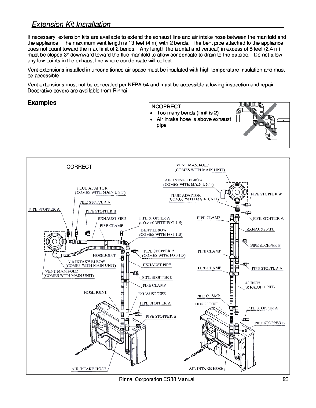 Rinnai ES38 installation manual Extension Kit Installation, Examples 