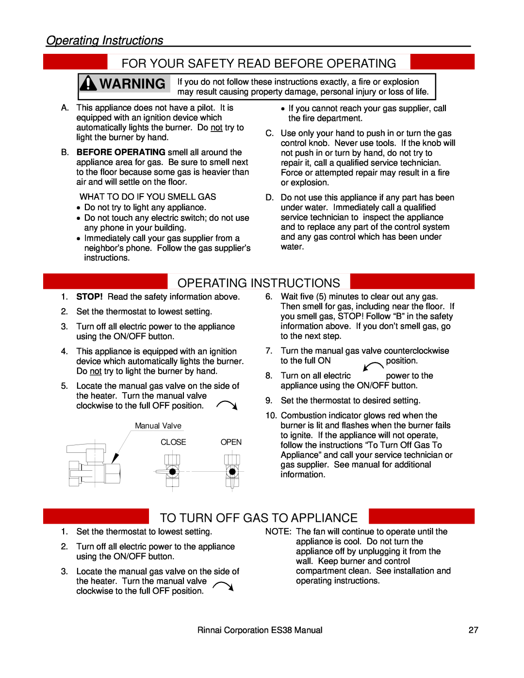 Rinnai ES38 installation manual Operating Instructions, For Your Safety Read Before Operating, To Turn Off Gas To Appliance 