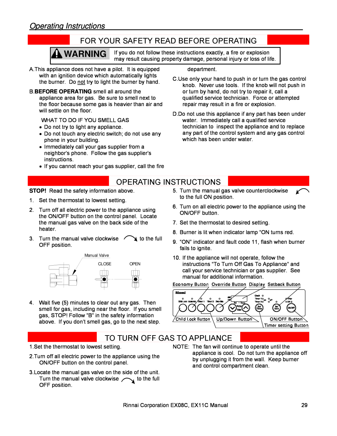 Rinnai EX08C (RHFE-202FTA) Operating Instructions, For Your Safety Read Before Operating, To Turn Off Gas To Appliance 