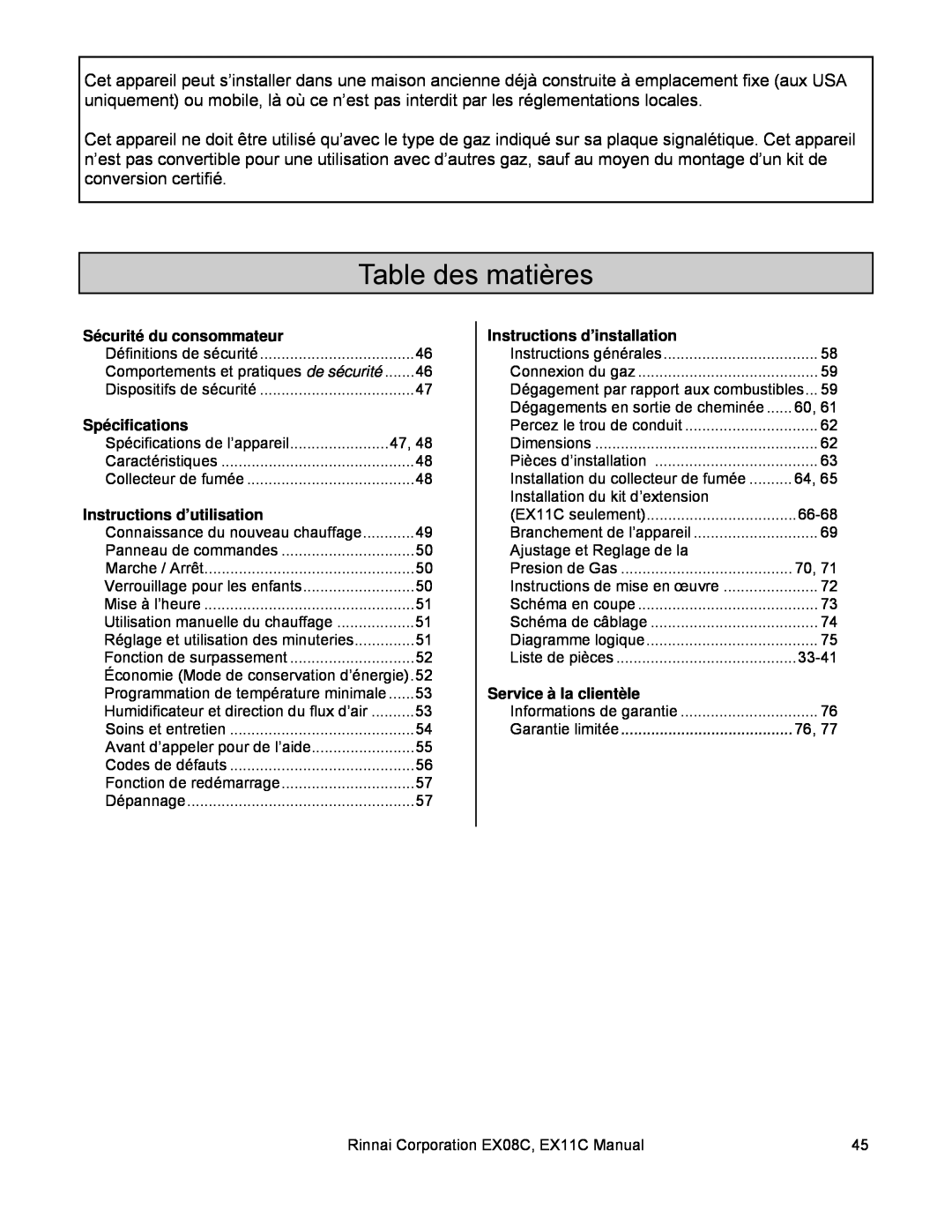 Rinnai EX08C (RHFE-202FTA) Table des matières, Sécurité du consommateur, Spécifications, Instructions d’utilisation 