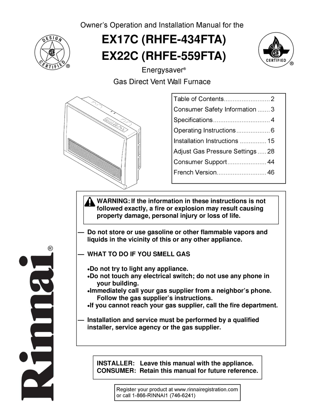 Rinnai installation manual EX17C RHFE-434FTA EX22C RHFE-559FTA 