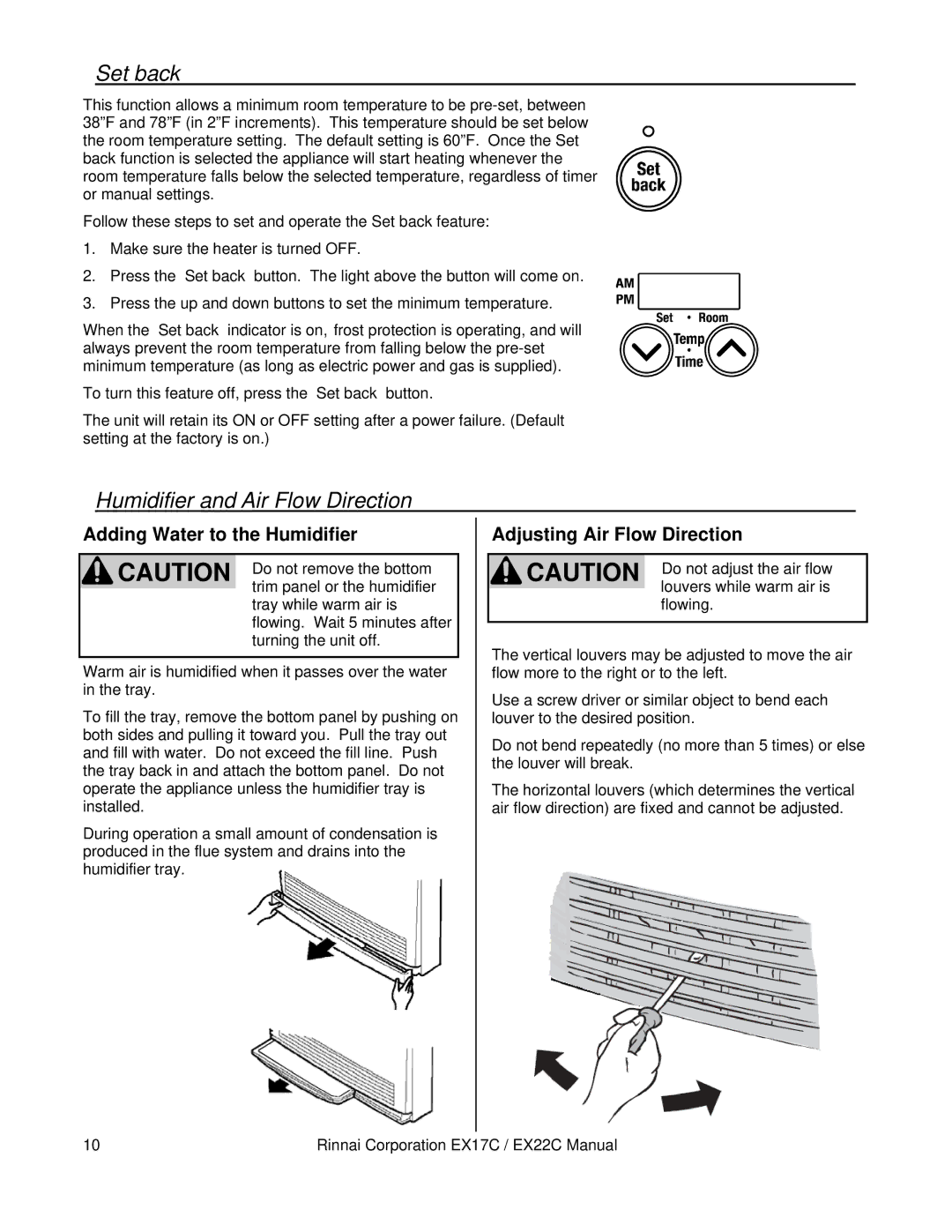 Rinnai EX17C Set back, Humidifier and Air Flow Direction, Adding Water to the Humidifier, Adjusting Air Flow Direction 