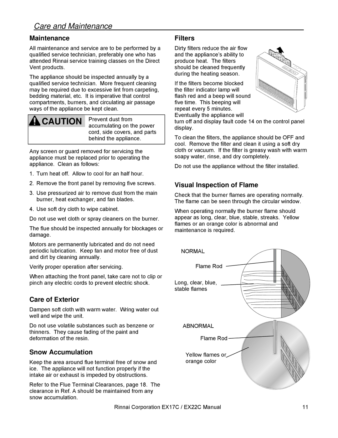 Rinnai EX22C, EX17C installation manual Care and Maintenance 