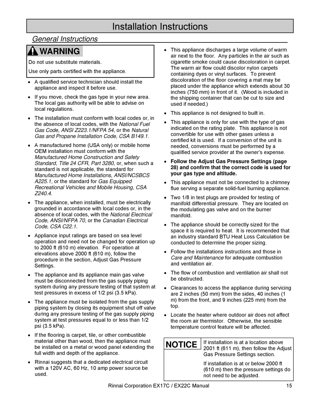 Rinnai EX22C, EX17C installation manual Installation Instructions, General Instructions 