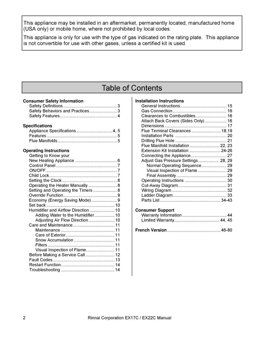 Rinnai EX17C, EX22C installation manual Table of Contents 